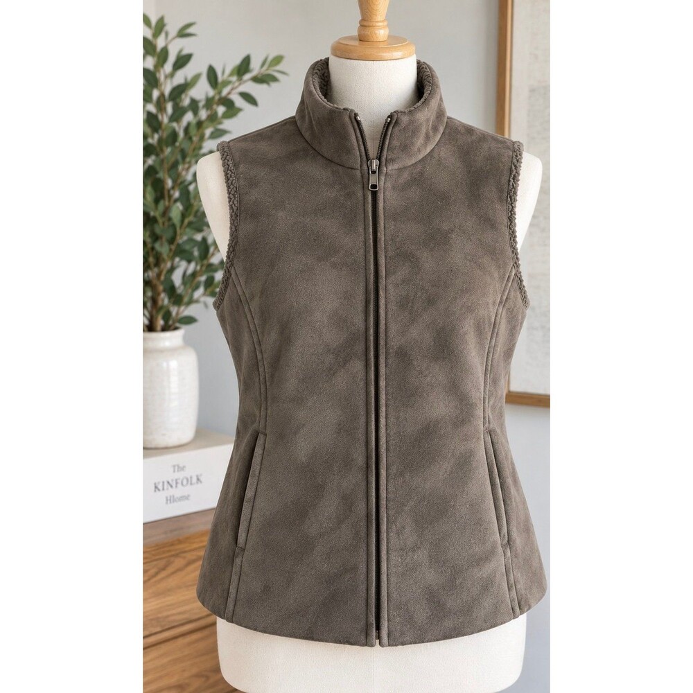Lands’ End Faux Suede Fleece-Lined Vest gray/taupe Size 10-12